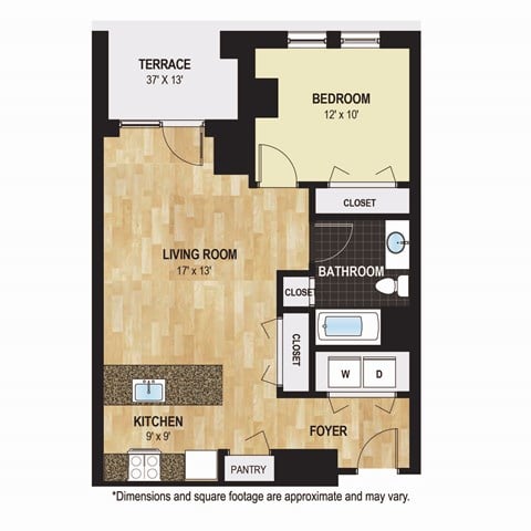 Floor plan for 1 bed, 1 bath, 750 sqft